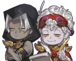  2boys absurdres ahoge armlet black_headwear blush_stickers chibi crossed_arms curly_hair dark_skin dark_skinned_male gauntlets hades_(game) highres hood hypnos_(hades) mask mask_on_head multiple_boys pale_skin paper quill simple_background sleep_mask thanatos_(hades) upper_body white_background white_hair winter_(winter168883) yellow_eyes 