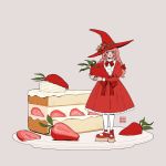  1girl bangs blush bow bowtie braid cake cake_slice flower food fruit grey_background hair_bow holding holding_food holding_fruit long_hair looking_at_viewer minigirl original pink_hair plate ranpanda red_bow red_flower red_rose rose simple_background solo standing strawberry strawberry_shortcake twin_braids twintails wide_shot witch 