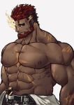  1boy abs bara bare_chest beard chest facial_hair flaming_eye hephaestus_(tokyo_houkago_summoners) looking_at_viewer male_focus muscle navel nipples redhead scar shirtless short_hair solo sweat thick_eyebrows tokyo_houkago_summoners upper_body vatto_(1997522adachi) white_background 