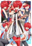  1boy ahoge baseball_cap fate/grand_order fate_(series) fingerless_gloves fuuma_kotarou_(fate/grand_order) gloves hair_over_eyes hair_over_one_eye hat highres kunai looking_at_viewer male_focus multiple_views red_eyes redhead sleeveless smile toitoi332 weapon 