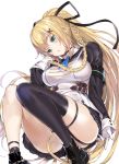  .live 1girl alternate_costume alternate_hairstyle armband blonde_hair blush boots gloves green_eyes hair_ornament hairclip kongou_iroha long_hair looking_at_viewer mutsutake open_mouth ponytail simple_background thighs virtual_youtuber white_background white_gloves 