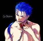  1boy angry black_background blue_hair chain collar collarbone cu_chulainn_(fate)_(all) earrings eyebrows_visible_through_hair fangs fate/stay_night fate_(series) jewelry lancer long_hair looking_at_viewer male_focus namo open_mouth ponytail red_eyes shirtless simple_background solo type-moon 