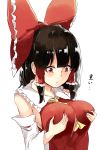  1girl bangs bare_shoulders black_hair bow breasts deetamu detached_sleeves eyebrows_behind_hair frilled_bow frilled_shirt_collar frills grabbing_own_breast hair_bow hair_tubes hakurei_reimu highres large_bow large_breasts red_bow red_eyes red_shirt self_fondle shirt sidelocks sleeveless sleeveless_shirt touhou upper_body white_background 