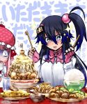  +_+ 1girl bangs black_hair blue_eyes blush bombergirl bombergirl573 bow bowl breasts gloves hair_ornament highres kuro_(bombergirl) large_breasts long_hair looking_at_viewer momoko_(bombergirl) multiple_girls one_side_up open_mouth pink_hair rice_bowl simple_background 