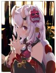  1girl blurry blurry_background blush commentary_request detached_sleeves hair_between_eyes hands_clasped highres hololive horns japanese_clothes long_hair looking_at_viewer nakiri_ayame namaonpa oni_horns oni_mask own_hands_together portrait red_eyes silver_hair smile solo virtual_youtuber 
