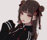  1girl bangs blunt_bangs blush braid brown_hair commentary daluto_(hitomi555) double_bun ear_piercing highres looking_at_viewer mole mole_under_eye original piercing red_eyes simple_background sleeves_past_wrists slit_pupils smile solo white_background 