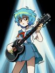  1girl absurdres aqua_hair ayanami_rei bangs black_nails cowboy_shot guitar highres instrument marreeps neon_genesis_evangelion parted_lips plectrum red_eyes red_neckwear red_ribbon ribbon sailor_collar school_uniform serafuku short_sleeves signature skirt solo 