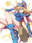  1girl blonde_hair blue_footwear blush boots breasts closed_mouth commentary_request dark_magician_girl duel_monster green_eyes hand_up hat highres holding long_hair looking_at_viewer one_eye_closed pentacle shimure_(460) smile solo staff star_(symbol) w wizard_hat yu-gi-oh! 