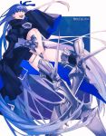  1girl :d absurdly_long_hair bakushi_(kaeritai0609) blue_eyes blue_hair blue_ribbon blue_theme boots character_name crotch_plate fate/grand_order fate_(series) hair_ribbon hand_up long_hair long_sleeves looking_at_viewer meltryllis open_mouth ribbon sleeves_past_fingers sleeves_past_wrists smile solo very_long_hair very_long_sleeves wide_sleeves 