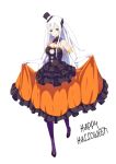  1girl bangs blush breasts butterfly_hair_ornament dress echidna_(re:zero) hair_ornament halloween hat highres long_hair looking_at_viewer orange_dress re:zero_kara_hajimeru_isekai_seikatsu silver_hair smile solo violet_eyes 