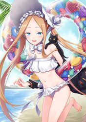  1girl abigail_williams_(fate/grand_order) abigail_williams_(swimsuit_foreigner)_(fate) bangs bare_shoulders beach bikini black_cat black_jacket blonde_hair blue_eyes blue_sky blush bonnet bow braid breasts cat fate/grand_order fate_(series) forehead hair_bow hair_rings highres innertube jacket long_hair looking_at_viewer miniskirt navel off_shoulder open_mouth parted_bangs rainsp shore sidelocks skirt sky small_breasts smile swimsuit twin_braids twintails very_long_hair white_bikini white_bow white_headwear 