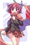 1girl black_shirt blue_background blue_bow border bow cape eyebrows_visible_through_hair hair_bow hidden_mouth holding holding_cape isu_(is88) long_sleeves looking_at_viewer red_cape red_eyes red_skirt redhead ribbon-trimmed_bow ribbon-trimmed_shirt sekibanki shirt short_hair skirt solo touhou white_border 