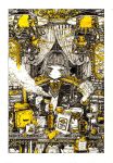  1girl bangs bottle bow bowtie collared_shirt cup curtains greyscale highres hook kitamurashu lamp looking_at_viewer monochrome mug original shirt short_hair solo spot_color steam striped striped_neckwear yellow_eyes yellow_nails yellow_neckwear 