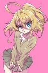  1girl ahoge blonde_hair blue_eyes collared_shirt flat_chest green_skirt hair_between_eyes highres medium_hair pink_background pleated_skirt raised_eyebrow shirt skirt solo sweater tanya_degurechaff wan_nian_da_zha_de_r white_shirt youjo_senki 