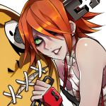  1girl a.b.a bandages blood bloody_clothes green_eyes guilty_gear guilty_gear_xx heart heart-shaped_pupils kin_mokusei paracelsus redhead short_hair stitched_mouth stitches symbol-shaped_pupils 