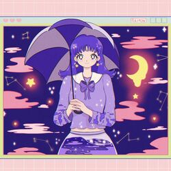  1girl artist_name bangs clouds constellation crescent_moon earrings jewelry long_hair long_sleeves looking_at_viewer mehraimonart moon original purple_hair purple_neckwear purple_shirt shirt solo star_(symbol) star_earrings umbrella upper_body 