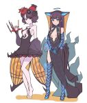  2girls bangs bare_shoulders black_dress black_gloves black_headwear black_legwear blue_eyes blunt_bangs blush breasts center_opening dress elbow_gloves fate/grand_order fate_(series) full_body gloves hair_ornament katsushika_hokusai_(fate/grand_order) kopaka_(karda_nui) legs long_hair looking_at_viewer medium_breasts multiple_girls purple_hair short_hair thigh-highs thighs very_long_hair violet_eyes yang_guifei_(fate/grand_order) 