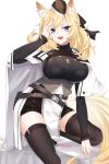  1girl :d animal_ear_fluff animal_ears arknights belt black_belt black_headwear black_legwear black_ribbon blonde_hair blue_eyes breasts cape chinese_commentary commentary_request hair_ribbon lanelise large_breasts long_hair long_sleeves looking_at_viewer open_mouth ribbon simple_background smile solo tail thick_eyebrows thigh-highs thighs whislash_(arknights) white_background white_cape 