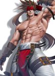  1boy abs arm_up bara bare_chest brown_hair chest feet_out_of_frame fingerless_gloves gloves guilty_gear harness headband long_hair looking_at_viewer male_focus muscle navel nipples pelvic_curtain ponytail red_headband sheath shirtless sinichi_okazaki sol_badguy solo spiky_hair sword sword_behind_back thick_thighs thighs tight unsheathing weapon 