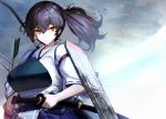  1girl arrow_(projectile) blue_hakama brown_eyes brown_gloves brown_hair flight_deck gloves hakama holding holding_sheath japanese_clothes kaga_(kantai_collection) kantai_collection katana long_hair muneate ninoude_(ninoude44) outdoors partly_fingerless_gloves scabbard sheath sheathed short_sidetail side_ponytail single_glove solo sword tasuki upper_body weapon yugake yumi_(bow) 