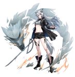  1girl absurdres animal_ear_fluff animal_ears arknights bandeau bangs bare_legs black_footwear black_jacket black_nails black_shorts boots commentary fang full_body grey_eyes groin hair_between_eyes hair_ornament hairclip head_tilt highres holding holding_sword holding_weapon huinan jacket lappland_(arknights) long_hair long_sleeves looking_at_viewer midriff nail_polish navel open_clothes open_jacket oripathy_lesion_(arknights) parted_lips short_shorts shorts silver_hair simple_background solo standing stomach strapless sword thighs tubetop very_long_hair weapon white_background wolf_ears 