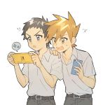  !! 2boys belt blue_oak blush cellphone collared_shirt commentary_request grey_eyes grey_hair grey_pants grey_shirt hand_on_another&#039;s_shoulder highres holding holding_phone male_focus multiple_boys open_mouth orange_hair pants phone pokemon pokemon_(game) pokemon_sm rata_(m40929) red_(pokemon) shirt short_sleeves spiky_hair spoken_sparkle sweatdrop teeth tongue 