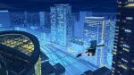  1girl blue_hair building city cityscape fairy fairy_wings flying highres maju_(white_471glacia) night original railroad_tracks scenery short_hair short_twintails skyscraper solo twintails wings 