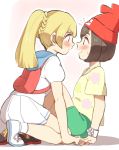  2girls beanie blonde_hair blush braid brown_hair commentary_request deathroling eye_contact eyebrows_visible_through_hair flying_sweatdrops green_shorts hat highres lillie_(pokemon) looking_at_another multiple_girls open_mouth pleated_skirt pokemon pokemon_(game) pokemon_sm ponytail red_headwear selene_(pokemon) shirt shoes short_sleeves shorts skirt socks sweatdrop white_footwear white_legwear white_skirt yellow_shirt 