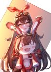  1girl :d amber_(genshin_impact) animal_ears baron_bunny blush brown_eyes brown_hair commentary eyebrows_visible_through_hair fang genshin_impact gloves goggles goggles_on_head highres holding holding_stuffed_toy long_hair looking_at_viewer o_o open_mouth rabbit_ears skin_fang smile solo stuffed_toy upper_body yu_hydra 