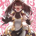  1girl azur_lane bangs black_gloves blush breasts brown_hair commentary_request crown gloves green_eyes hair_ornament heart heart-shaped_pupils large_breasts long_hair looking_at_viewer myuutau_tadakichi open_mouth solo symbol-shaped_pupils twintails yandere york_(azur_lane) 