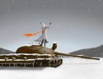  1girl animal_ears arknights artist_request commentary_request frostnova_(arknights) grey_hair ground_vehicle long_hair military military_vehicle motor_vehicle mountain night rabbit_ears scarf sky snow snowing t-62 tank 