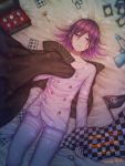  1boy artist_name bangs black_cape cape card character_name checkered checkered_floor checkered_scarf collarbone commentary_request dangan_ronpa dated ewa_(seraphhuiyu) flag from_above gun hair_between_eyes happy_birthday highres jacket key long_sleeves looking_at_viewer lying male_focus new_dangan_ronpa_v3 on_back on_bed open_mouth ouma_kokichi pants parted_lips playing_card purple_hair scarf scarf_removed shirt short_hair skull_print solo straitjacket teeth violet_eyes weapon white_pants 