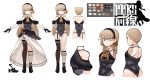  1girl bangs black_footwear black_gloves black_hairband black_legwear bow breasts character_sheet commentary_request dress earrings eyebrows_visible_through_hair frilled_dress frills full_body girls_frontline gloves hachirodesu hair_between_eyes hair_ornament hairband hairclip highres jewelry light_brown_eyes light_brown_hair light_smile loafers long_hair looking_at_viewer off-shoulder_dress off_shoulder orange_bow ppk_(girls_frontline) ribbon shoes single_garter_strap single_thighhigh smile solo sparkle thigh-highs thigh_strap wing_collar 