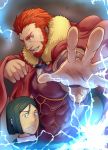  2boys beard breastplate cape cleavage_cutout clothing_cutout f-una facial_hair fate/grand_order fate/zero fate_(series) fighting_stance foreshortening fur-trimmed_cape fur_trim glowing green_eyes iskandar_(fate) leather lightning looking_at_viewer male_focus multiple_boys red_eyes redhead short_hair upper_body waver_velvet 
