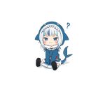  1girl :3 ? amashiro_natsuki animal_hood bangs blue_eyes blue_hair blue_hoodie blunt_bangs chibi eyebrows_visible_through_hair gawr_gura highres hololive hololive_english hood long_sleeves looking_at_viewer multicolored_hair shark_costume shark_girl shark_hood shark_print shark_tail silver_hair simple_background sitting sleeves_past_wrists solo streaked_hair tail virtual_youtuber white_background white_footwear wide_sleeves 