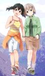  2girls :d ankle_socks bare_arms black_hair blue_sky brown_skirt clothes_around_waist clouds commentary_request day full_body green_eyes green_footwear green_jacket green_shirt hair_ornament hairclip head_tilt head_to_head highres holding_hands interlocked_fingers jacket kuraue_hinata light_brown_hair long_sleeves looking_at_viewer mountain multiple_girls open_clothes open_jacket open_mouth orange_legwear orange_sweater outdoors red_footwear shirosato shirt shoes short_hair shorts skirt sky sleeveless sleeveless_shirt smile sneakers striped striped_shirt sweater sweater_around_waist twintails upper_teeth violet_eyes walking watch watch white_legwear white_shorts yama_no_susume yellow_shirt yukimura_aoi 