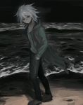  1boy ako_(td110349-7517) bangs black_pants closed_mouth dangan_ronpa green_jacket hair_between_eyes hands_in_pockets hood hood_down hooded_jacket jacket komaeda_nagito long_sleeves male_focus night ocean outdoors pants sand shirt solo super_dangan_ronpa_2 walking water white_hair white_shirt 