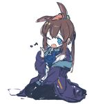  1girl amiya_(arknights) animal_ears arknights bangs blue_eyes blue_jacket blush_stickers carrot choker crying crying_with_eyes_open feet_out_of_frame hair_between_eyes jacket long_hair long_sleeves object_on_head one_eye_closed open_clothes open_jacket pantyhose ponytail rabbit_ears shirt sidelocks simple_background skirt solo sukima_(crie) tears white_background white_skirt yawning 