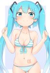  1girl abmayo bangs bare_arms bare_shoulders bikini blush breasts closed_mouth collarbone commentary_request cowboy_shot eyebrows_visible_through_hair front-tie_bikini front-tie_top halterneck hands_up hatsune_miku highres long_hair looking_at_viewer navel panties simple_background smile solo standing stomach_tattoo striped striped_bikini swimsuit tattoo thigh_gap twintails underwear very_long_hair vocaloid 