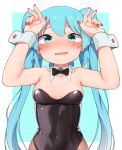  1girl abmayo aqua_eyes aqua_hair arms_up bangs bare_arms bare_shoulders black_bow black_leotard black_neckwear blue_background blush border bow bowtie breasts collarbone commentary covered_navel detached_collar double_v embarrassed hatsune_miku highres leotard long_hair looking_at_viewer medium_breasts nail_polish nose_blush open_mouth pantyhose playboy_bunny red_nails shiny shiny_clothes solo strapless strapless_leotard twintails v very_long_hair vocaloid white_border wrist_cuffs 