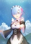  1girl blue_eyes blue_hair breasts bryanth detached_sleeves hair_ornament hair_over_one_eye highres looking_at_viewer maid open_mouth re:zero_kara_hajimeru_isekai_seikatsu rem_(re:zero) short_hair smile solo x_hair_ornament 