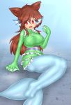  animal_ears breasts brown_hair cosplay diving_suit fins highres imaizumi_kagerou julian_semenov mermaid_costume monofin open_mouth sitting touhou wakasagihime wakasagihime_(cosplay) webbed_hands 
