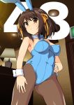  1girl animal_ears blue_neckwear bow bowtie breasts brown_eyes brown_hair bunny_girl commentary_request countdown fake_animal_ears hairband hand_on_hip haruhisky highres lamp medium_breasts pantyhose playboy_bunny rabbit_ears ribbon sleeve_cuffs solo suzumiya_haruhi suzumiya_haruhi_no_yuuutsu thighs yellow_hairband yellow_ribbon 