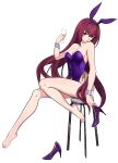  1girl absurdres animal_ears bare_arms bare_legs bare_shoulders barefoot bodysuit bunny_girl chair fate/grand_order fate_(series) feet high_heels highres holding holding_shoes long_hair looking_at_viewer no_shoes purple_bodysuit purple_hair rabbit_ears rabbit_girl red_eyes scathach_(fate)_(all) scathach_(fate/grand_order) shoes sitting soles strapless toenail_polish 