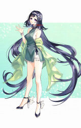  1girl absurdly_long_hair aqua_background aqua_dress arm_behind_back artist_name backless_dress backless_outfit bare_shoulders black_hair black_ribbon black_shoes bloomers bracelet branch breasts camisole closed_mouth collarbone commentary_request dated dress eyelashes genshin_impact green_shawl hair_intakes hair_ornament hairband hand_up high_heels highres jewelry lan_yan_(genshin_impact) long_hair looking_at_viewer medium_breasts multicolored_shoes necklace ojo_aa parted_bangs ribbed_dress ribbon shawl shoes side_slit sidelocks signature silver_bracelet silver_hairband silver_necklace sleeveless sleeveless_dress smile solo spaghetti_strap standing sweater sweater_dress turtleneck turtleneck_dress twitter_username two-tone_background two-tone_shoes very_long_hair violet_eyes watermark waving white_background white_bloomers white_camisole white_shoes 