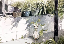  brown_eyes closed_mouth commentary_request day drainpipe full_body green_tail highres kamonabe_(kamonabeekon) leafeon looking_at_viewer no_humans outdoors pavement plant plant_hair pokemon pokemon_(creature) potted_plant scenery shadow sitting stone_wall utility_pole white_fur 