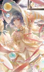  1girl artist_request blue_hat blue_thighhighs bow bowl bowtie brooch candy capelet cowboy_shot dress dress_under_shirt earrings expressionless eyelashes floating_clothes floating_hair flower food food-themed_clothes food-themed_earrings food-themed_hat_ornament frilled_sleeves frilled_wrist_cuffs frills full_moon game_cg glass_bowl grey_hair hand_on_headwear hat hat_ornament highres holding holding_candy holding_food holding_lollipop jar jewelry large_hat leah_the_candy_witch_(shining_nikki) light_particles lollipop looking_at_viewer mismatched_thighhighs moon night night_sky nikki_(series) official_alternate_color official_art outdoors parted_lips pleated_dress puffy_short_sleeves puffy_sleeves purple_thighhighs red_flower ribbon shining_nikki shirt short_dress short_hair_with_long_locks short_sleeves single_sidelock sky solo standing striped_bow striped_bowtie striped_clothes striped_headwear striped_thighhighs swirl_lollipop thigh-highs two-sided_fabric two-sided_headwear two-tone_thighhighs white_wrist_cuffs witch witch_hat wrist_cuffs wrist_ribbon yellow_bow yellow_bowtie yellow_capelet yellow_dress yellow_eyes yellow_hat yellow_ribbon yellow_shirt yellow_thighhighs yexiao_(shining_nikki) 