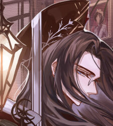  1boy alternate_costume alternate_hair_color black_hair black_hat blue_eyes bright_pupils chinese_commentary clarence_clayden closed_mouth covered_mouth curtained_hair from_side gem hat hat_ribbon long_hair lovebrush_chronicles male_focus mitre monocle parted_bangs portrait profile red_gemstone ribbon sideways_glance snow234 solo white_pupils white_ribbon 