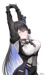  1girl absurdres arms_up black_gloves black_hair black_horns black_sleeves black_vest closed_eyes colored_inner_hair dress_shirt fur-trimmed_sleeves fur_trim gloves highres hololive hololive_english horns long_hair multicolored_hair nerissa_ravencroft nerissa_ravencroft_(1st_costume) salsa_dance shirt simple_background solo stretching vest virtual_youtuber white_background white_shirt 