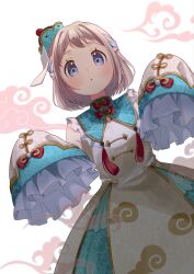  1girl bare_shoulders blue_eyes blush brown_hair commentary cowboy_shot detached_sleeves dress frilled_sleeves frills gakuen_idolmaster green_hat hands_up hat highres idolmaster katsuragi_lilja long_sleeves looking_at_viewer mini_hat mochiusasa parted_lips short_hair sleeveless sleeveless_dress sleeves_past_fingers sleeves_past_wrists solo white_background white_dress white_sleeves 